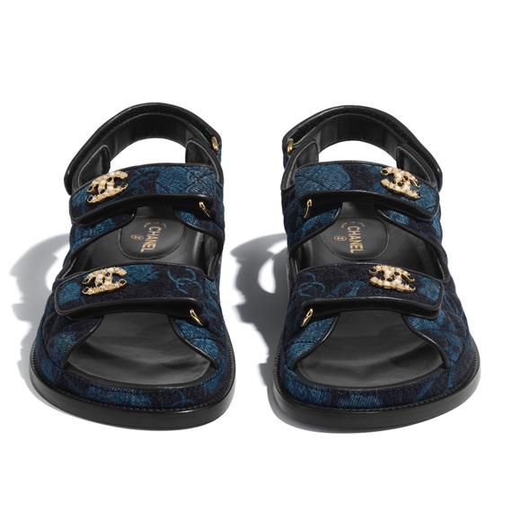 Chanel 21A Blue Black Grey Denim CC Logo Mule Slide Strap Flat Dad Sandal 39 - Picture 5 of 11